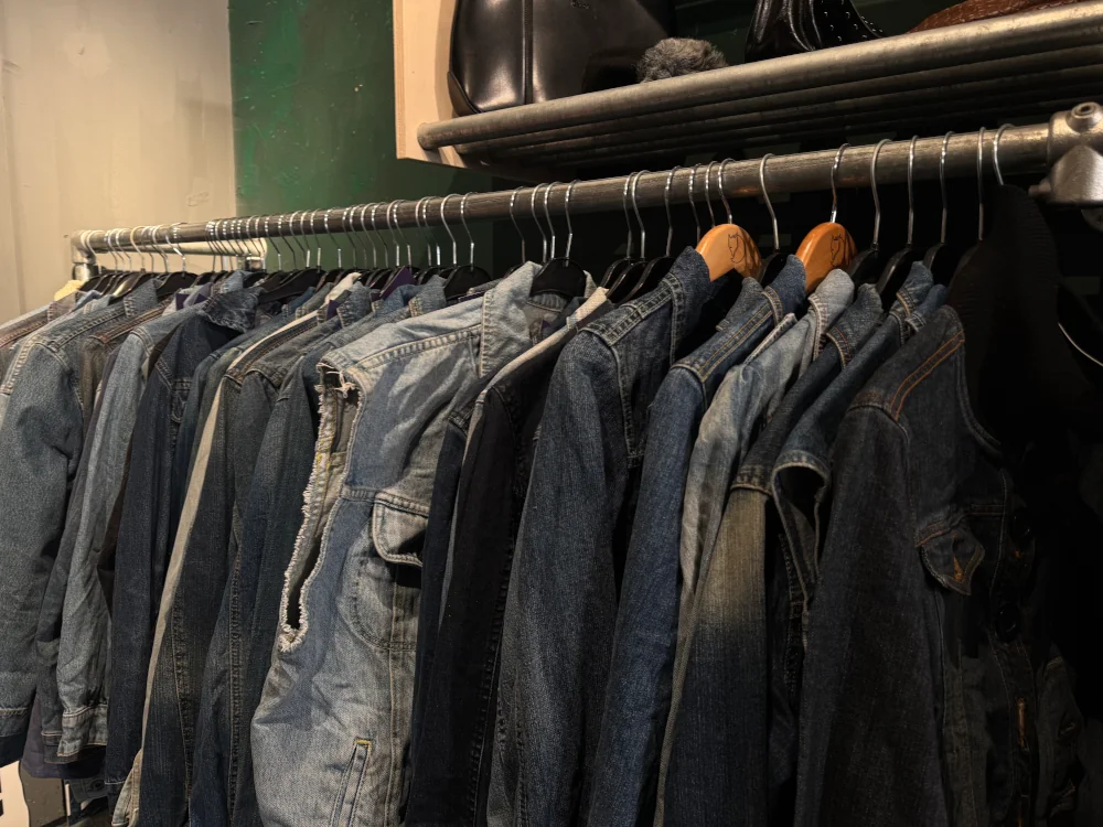 denim jackets in a thrift store
