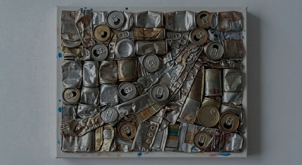 upcycled cans into an art piece