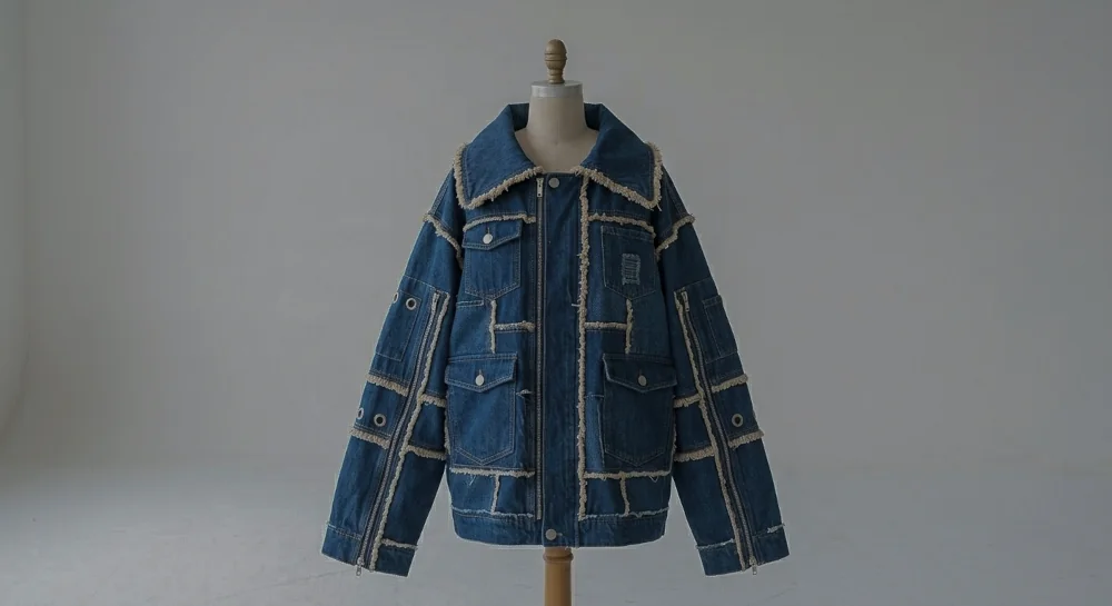 upcycled denim jacket on a mannequin - upcycling project